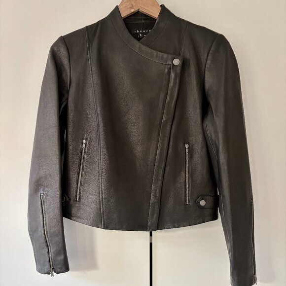 Theory - black lamb leather moto leather jacket with zipper - womens - Picture 1 of 6